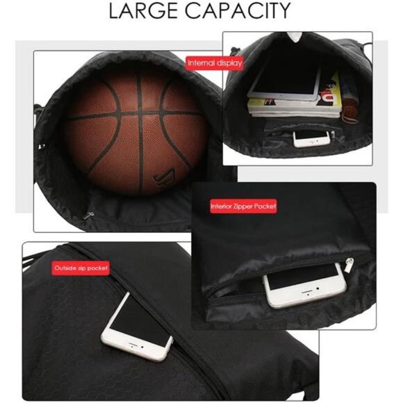 Drawstring Backpack Bag, Waterproof Draw String Back Sack with Zip Pocket, Gym - Picture 6 of 7
